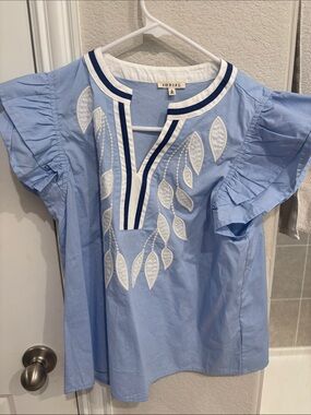 JODIFL Light Blue Embroidered Flutter-Sleeve Blouse